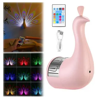 QUBEBU LED Nachtlicht Baby Kinder Nachtlicht Pfauenmuster Projektor Touch LED Wandleuchte, Rosa, LED fest integriert, Silikon Nachtlicht Baby Tischlampe für Kinderzimmer Babyzimmer Deko, mit Fernbedienung, 9 Modi, Wandleuchte für Party Schlafzimmer Geschenk