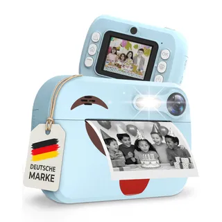 Kinderkamera Sofortbildkamera Kinder Digitalkamera Sofortdruck - Kamera für Kinder mit Fotos drucken, 16GB SD, 4 Rollen, Sticker, Stifte, USB-C, ohne Spiele (Blau)