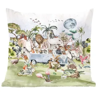 MuchoWow Dekokissen Dschungel - Bus - Tiere - Kinder - Pflanzen, Zierkissen mit Füllung für Wohnzimmer, Sofakissen, 40x40 cm bunt Quadratisch | 40 cm x 15 cm x 40 cm