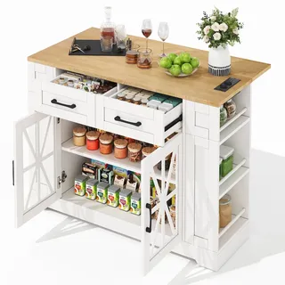 Mobiler Kücheninselwagen 120x65x92 mit klappbarer Arbeitsfläche, 2xAC, 2xUSB, Glastüren, Schubladen und offenen Regalen – Weiß/Natur MDF
