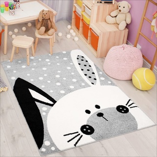 carpet city Kinderteppich Bubble Kids Flachflor Schlappohr-Hase, weiß gepunktet in Grau für Kinderzimmer; Größe: 120x160 cm