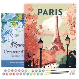 Figured'Art Malen Nach Zahlen Erwachsene Mit Rahmen Reiseplakat Paris II - Paint by Numbers Basteln DIY Bastelset 40x50cm - Leinwand gespannt auf Holzrahmen