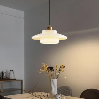 Stesulfr E27 Pendelleuchte Gold Nordischer Esstisch-Kronleuchter Mid Century Hängelampe Weißer Glaslampenschirm Höhenverstellbare Deckenbeleuchtung Geeignet für Flur Kücheninsel Esszimmer Schlafzimmer