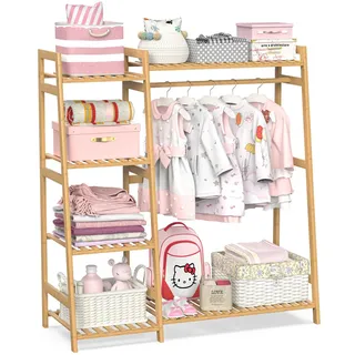 BAMBOOHOMIE Kinder Kleiderständer mit Regalen, Baby Kleideraufbewahrung mit oberem Regal, Kleiderschrank für das Kinderzimmer (Mittlere Größe)