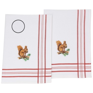 Betz 2er Set Geschirrtücher Geschirrhandtücher Gläsertuch Küchentücher Handtuch Waffelpiqué rot, Bestickt Motiv: Eichhörnchen Größe: 50 x 70 cm