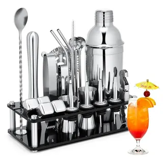 PFCTART Cocktail-Set Cocktail Set 23-tlg. mit Ständer, 750ml Edelstahl Cocktailshaker, (Set, 23-tlg., Cocktail Zubehör für Zuhause, Party & Geschenk, inkl. Acrylhalterung), Inkl. Rezeptbuch, Messbecher, Barsieb,Eissteine für perfekte Cocktails silberfarben