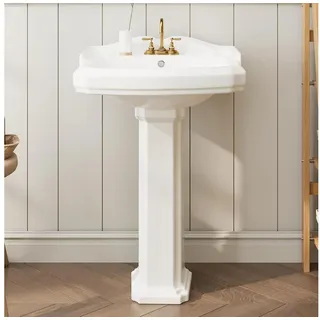 GarveeMore Waschbecken mit Überlauf und 3 vorgebohrten Löchern passend für 10,2cm Armaturen, Vintage-weißes Keramik-Standwaschbecken,58,4 cm B x 48,3 cm T weiß