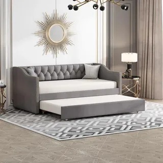 Multifunktionales Schlafsofa 90x200 cm, Ausziehbar 2-Sitzer-Sofa mit Schlaffunktion & Lattenrost, Daybett Tagesbett Schlafcouch ideal für Wohnzimmer und Gästezimmer, Ohne Matratze (Grau+Leinnenstoff)