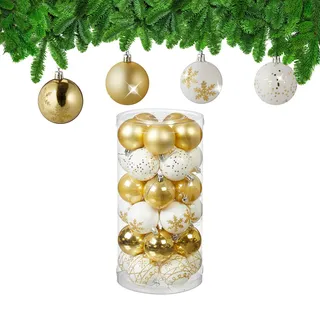 Relaxdays Weihnachtskugeln im 30er Set, Kunststoff, D: 6 cm, runde Weihnachtsbaumdeko, Baumschmuck bruchsicher, gold/weiß