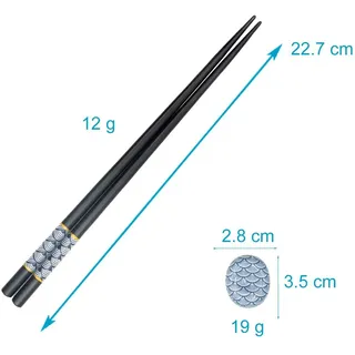 Intirilife Essstäbchen Set in Schwarz mit blauem Fächermuster - 2 Paar Stäbchen 22.7 cm Länge mit 2 Stäbchenhalter 3.5x2.8x1.4 cm - Sushi Essstäbchen