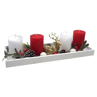 ZauberDeko Adventsgesteck Weihnachten Deko Tablett Holz Weiß Kerzen Rot Weiß Hirsch Gold 40cm
