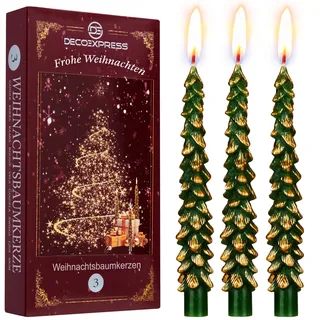 Deco Express Kerzen Set Weihnachten Deko 3er oder 6er Pack Wachs Deko Kerzen im Weihnachtsbaum Motiv 7h Brenndauer Ideal Zum Verschenken (Grün/Gold, 3 Stück)