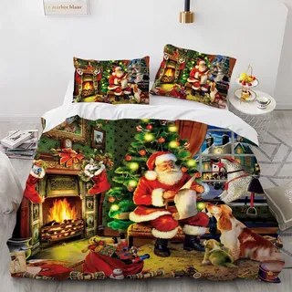 YURKO Bettdeckenbezug Weihnachten Weihnachts Wintermotiv Weihnachtsmotiv Santa Polyester Baumwolle Kinder Bettwäsche Set 135X200 Kein Bügeln Mit 2 Kissenbezügen 80X80Cm 135 X 200 cm