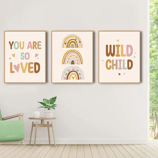 3er Set Poster Kinderzimmer Deko Regenbogen Wolken Bilder Ohne Rahmen Wandbilder für Jungen Mädchen Kinderzimmer Wanddeko (B,50x70cm)