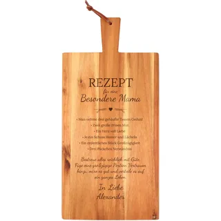 Casa Vivente Großes Schneidebrett mit Griff und Lederband, Personalisierte Gravur mit Namen, Rezept Mama, Geschenkidee zum Muttertag