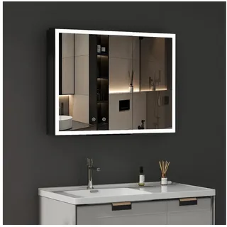 WDWRITTI Spiegelschrank mit Beleuchtung LED Spiegelschrank Bad mit beleuchtung 80x60x13,5cm (Badezimmerspiegelschrank mit licht, Anti-fog, 3Lichtmodi, Dimmbar, Speicherfunktion) Doppelseitiger Spiegel, Alu-Schranktür, mit Netzadapter schwarz