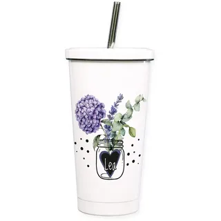 GRAZDesign Cocktailbecher mehrweg mit Deckel, personalisiert mit Namen, Blumen, Feder, Trinkbecher mit Trinkhalm aus Edelstahl, ideal als Geschenk