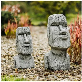 gartendekoparadies.de Gartenfigur 2 Moai Steinfiguren Set Osterinsel 55 & 41 cm Steinguss, Frostsicher grau