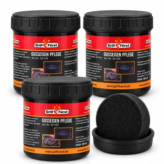 Grillfürst Einbrenn- und Pflegepaste inkl. Schwamm, 3 x 250 ml - Pflege für Gusseisen, Gussrost, Dutch Oven und Feuertopf, aus Kokosnussöl und Wachs