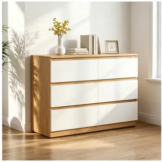 GRAVFORCE Sideboard Kommode mit 6 Schubladen, Holzoptik, 100x30x70 cm (1 St), Stauraumschrank für Schlafzimmer, Wohnzimmer & Büro beige