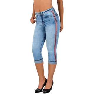 ESRA Damen Capri Jeans Hose Damen mit Seitenstreifen High-Waist Caprihose Kurze Jeans Hose mit Streifen bis Übergröße J140 - 46