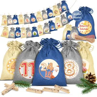 KESSER® Adventskalender zum Befüllen 24 Jutebeutel 14 x 10 cm Gedruckte Stoffbeutel Kinder Weihnachtskalender zum Selber Befüllen Inkl.. 24x Schildchen + 1 Großer Aufbewahrungsbeutel Stoff