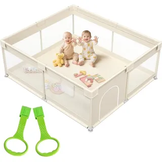 Laufstall Baby 175x150 cm – Großer Baby Laufgitter XXL Sicherheitsspielplatz Kinder mit Netzdesign, ideal für den Innenbereich, Beige, beige, O... - Beige