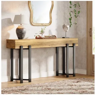 Tribesigns Konsolentisch 160x30cm Landhaus Flurtisch Eiche Optik Metallgestell beige|braun