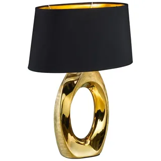 meineWunschleuchte Tisch-leuchte mit Keramikfuß & Stoffschirm Schwarz Gold | Höhe 52cm, mit E27 LED stufenweise dimmbar, mit Schnurschalter, modernes Design, dekorative große Nachttischlampe