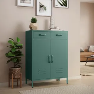 skølm Atria Metall Kommode – Sideboard in Dunkelgrün – Metallschrank mit 2 Fächern & 2 Schubladen – Mehrzweckschrank – Industrial Highboard – Aufbewahrungsschrank/Flurschrank – Flexible Einlegeböden
