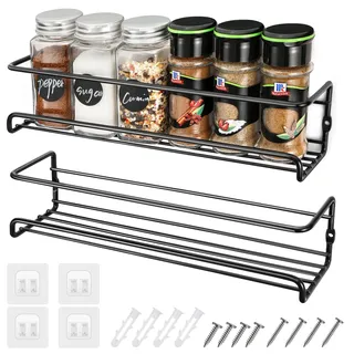 Miiepls 2er Set Gewürzregal, Gewürzregal Wand Metall Ohne Bohren | Gewürz Organizer Ohne Bohren mit 4 Selbstklebende Haken und Schrauben, Spice Rack für Küche Schranktür, Schwarz