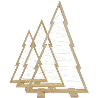 WEECO Weihnachtsbäume aus Holz im 3er Set mit LED Beleuchtung – XLL 113, 90, 78 cm. Naturholz, streichen Sie die Bäume in jeder Farbe. Moderne Weihnachtsdekoration für Firma, Hotel, Schaufenster