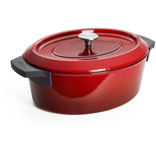 Woll Iron Gusseisen Bräter mit Deckel und Silikongriffen - Induktiv -, 34 x 26 cm, 12,5 cm hoch, 7,5l - Geeignet für alle Herdarten, Eisenguss, backofenfest bis zu 250°, rot