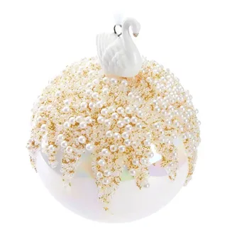 Brubaker Premium Weihnachtskugel Perle mit Schwan Porzellan Figur - 10 cm Baumkugel aus Glas - Hergestellt in Handarbeit - Christbaumschmuck Weihnachtsdeko Christbaumkugel - Weiß Bunt