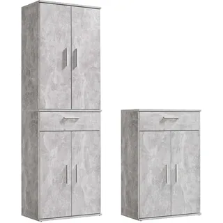 mokebo® Mehrzweckschrank Set 2-teilig 'Die Allzweckwaffe', Schrank-Set mit Midischrank & Hochschrank in Betonoptik BZW. Grau, nutzbar als Aktenschränke, Büroschränke oder Allzweckschränke