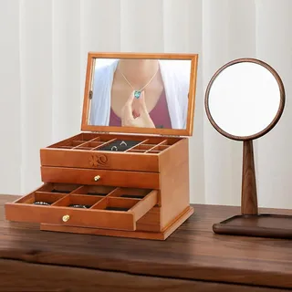 Schmuckkästchen, Holz-schmuckaufbewahrung Organizer Mit Spiegel, 4 Etagen Schmuckkasten Groß Mit 3 Ausziehbare Schubladen, Schmuckschrank Für Uhren, Ringe, Halsketten, 31  19.3  19.7cm