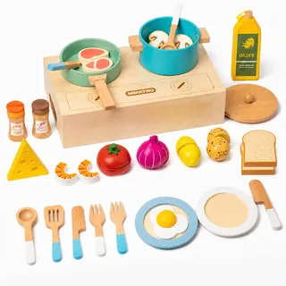 Smartwo Kinderküche Zubehör Holz, Spielküche Töpfe & Geschirr, Küchenzubehör Kochset, Holzspielzeug Lebensmittel zum Schneiden, Küchenspielzeug für Rollenspiele ab 3 Jahre, Mädchen Geschenk