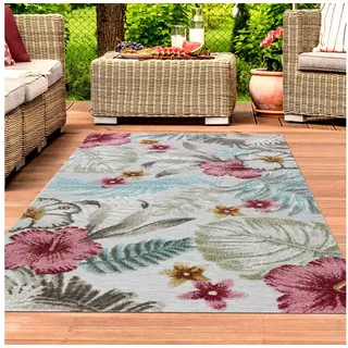 TeppichHome24 Outdoorteppich In- & Outdoor Teppich 3d-effekt Blumen Blätter Muster türkis bunt, Rechteckig beige 200 cm x 290 cm