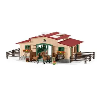 schleich 42195 FARM WORLD Stall mit Pferden und Zubehör, 96 Teile Pferdestall Spielset mit 2x schleich Pferde Figuren, 1x Reiterin-Figur & viel Zubehör, Spielzeug für Kinder ab 3 Jahren