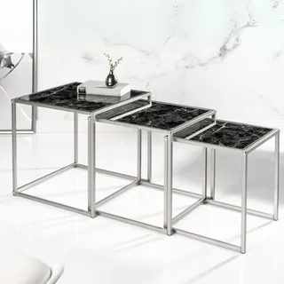 3er Set Beistelltische schwarz Glasplatten in Marmoroptik | Satztische Couchtisch Wohnzimmertische stapelbar | Tischset für Wohnzimmer & Büro