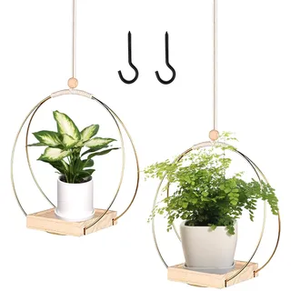 BDHYYM 2 Stück Blumenampel Hängend Innen,Hängender Blumentopf Hängend | Metallring mit Holzsockel,Hängetopf für Pflanzen,Hängeampel Blumen,Blumenampel Innen,Hängepflanzen Topf,Aufhängehaken Enthält