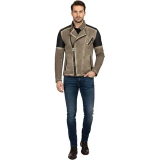 Trendige Herren Biker-Jacke Washed Look mit Kunstleder Ärmeln Slim Fit Übergangs-Jacke 8840 Camel - XL