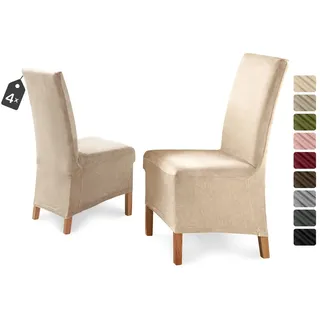 Beautex Stuhlhusse Eva Stuhlhussen Lang, Samt Stuhlbezug, elastische Stretch Husse beige