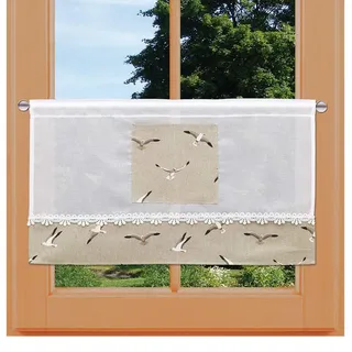 Scheibenhänger Ilma Möwe mit Vogtländischer Spitze und Taschen zum Dekorieren | maritime Scheibengardine in weiß-natur für Bad und Esszimmer | blickdichte Kurzgardine Höhe x Breite35 x 60 cm