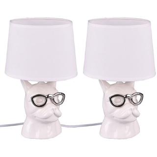 Tischlampe Keramik Nachttischlampe für Schlafzimmer Esszimmerlampe Tischleuchte Modern, Hund mit Brille chrom weiß, Textil, 1x E14 Fassung, DxH 18x29 cm, 2er Set
