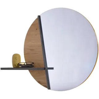 Voglauer Wandspiegel, Graphit, Wildeiche, Holz, Glas, Holzwerkstoff, Wildeiche, furniert, mehrschichtige Massivholzplatte (Tischlerplatte), rund, 84x70x20.3 cm, Goldenes M, Made in Austria, Ablage, Spiegel, Wandspiegel