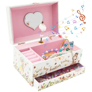 Musikalisches Schmuckkästchen Kinder Spieluhr mit Drehendem Einhorn Ballettmädchen Spiegel Schubladen Schmuckkasten für Kleine Mädchen Geburtstagsgeschenk(Weißem Ballettmädchen)