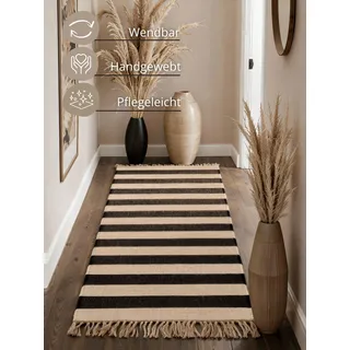 HANSE HOME Playa natur, weiß, schwarz, B:80cm H:6mm L:200cm, Jute, Teppiche, Teppich, Jute, Handgemacht, Naturteppich, Wohnzimmer, Läufer, Fransen