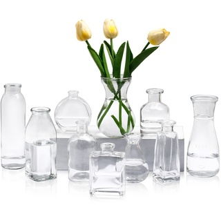 10 Stück Glas Knospenvasen Set, Mini Bulk Klare Kleine Blumenvasen für Mittelstück Blumensträuße Haus Tisch Deko Hochzeit Braut Party Dekorationen