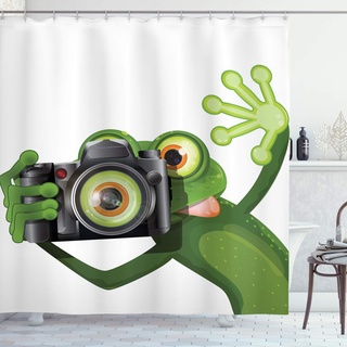 ABAKUHAUS Frosch Duschvorhang, Lustige Tier mit Kamera, Stoffliches Gewebe Badezimmerdekorationsset mit Haken, 175 x 200 cm, Schwarz Weiß